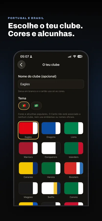 Ecrã de escolha de clube com paletas de cores e alcunhas