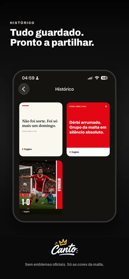 Ecrã de histórico com cartões guardados