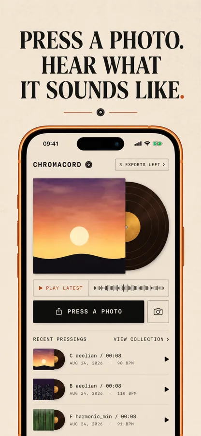 Chromacord home screen: a photograph printed on a record sleeve with the vinyl half out, and a list of recent pressings
