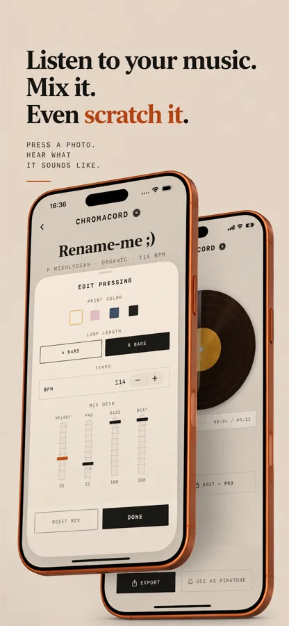 Edit screen with print colour, loop length, tempo and a mix desk