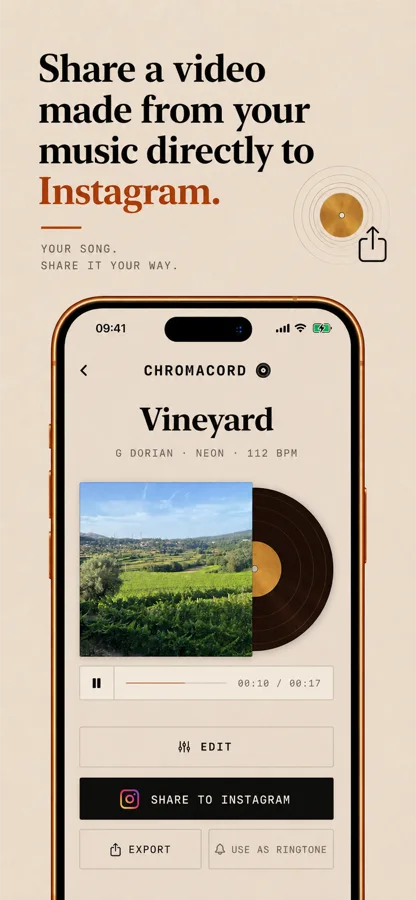 Result screen with a photograph mounted on a card, playback controls and a share to Instagram button
