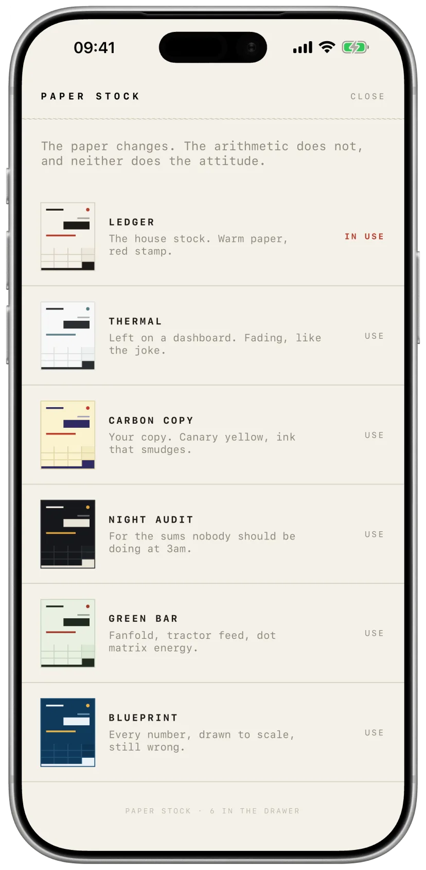 The paper stock picker showing Ledger, Thermal, Carbon Copy, Night Audit, Green Bar and Blueprint