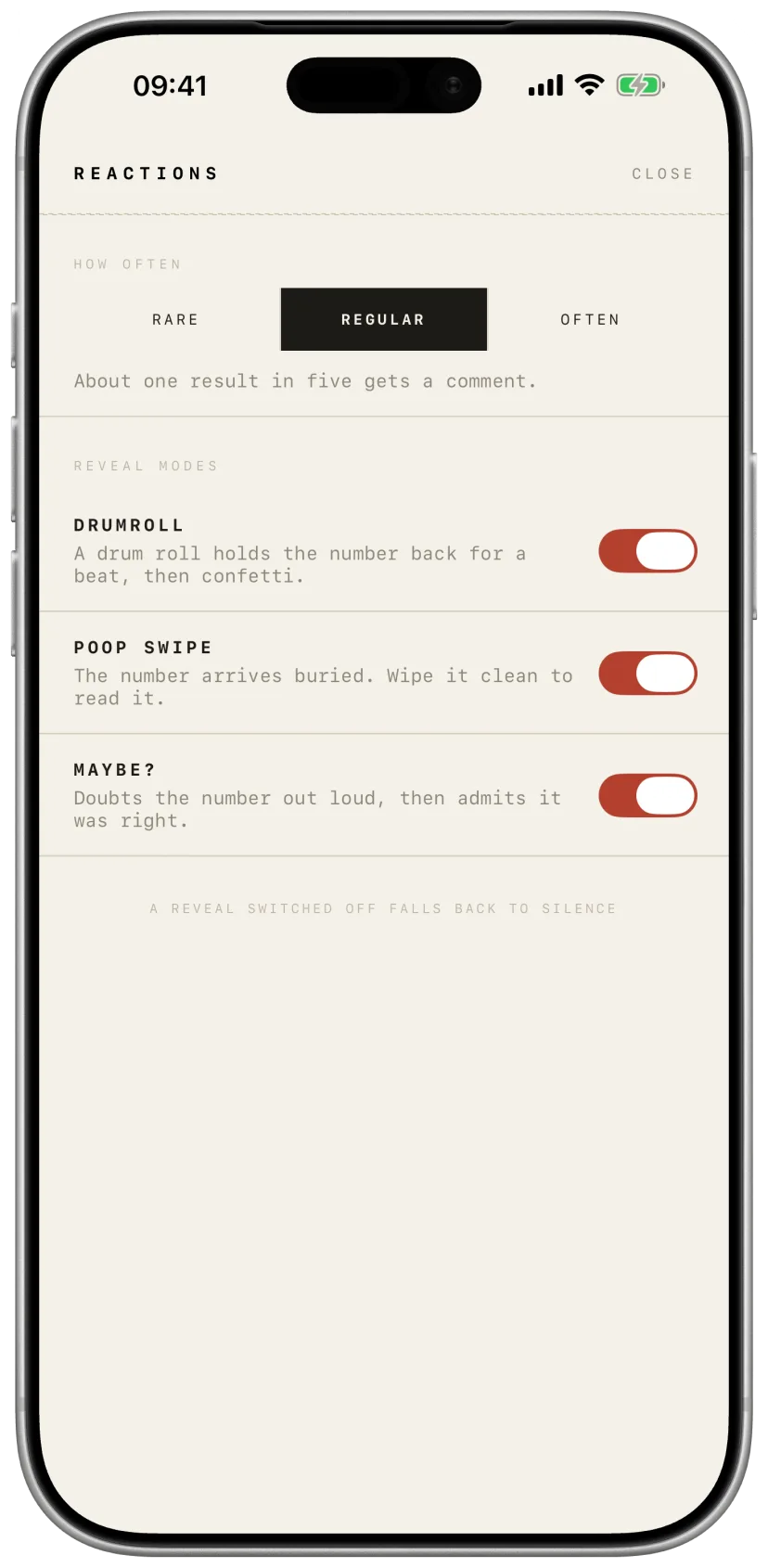 The reactions screen: frequency set to regular, with drumroll, poop swipe and maybe reveals each on their own switch