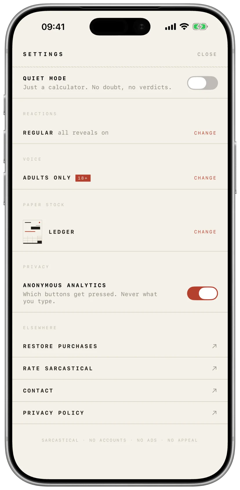 The settings screen with quiet mode, reactions, voice, paper stock, an anonymous analytics switch, and links to restore purchases and the privacy policy