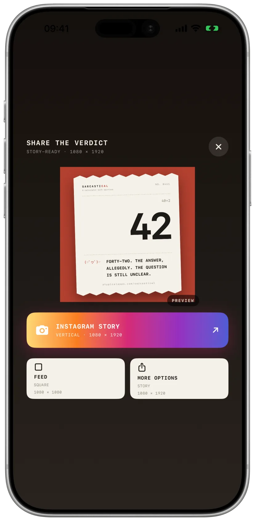 The share sheet: a torn paper card holding the result 42 and its verdict, with export options for Instagram story, square feed and more