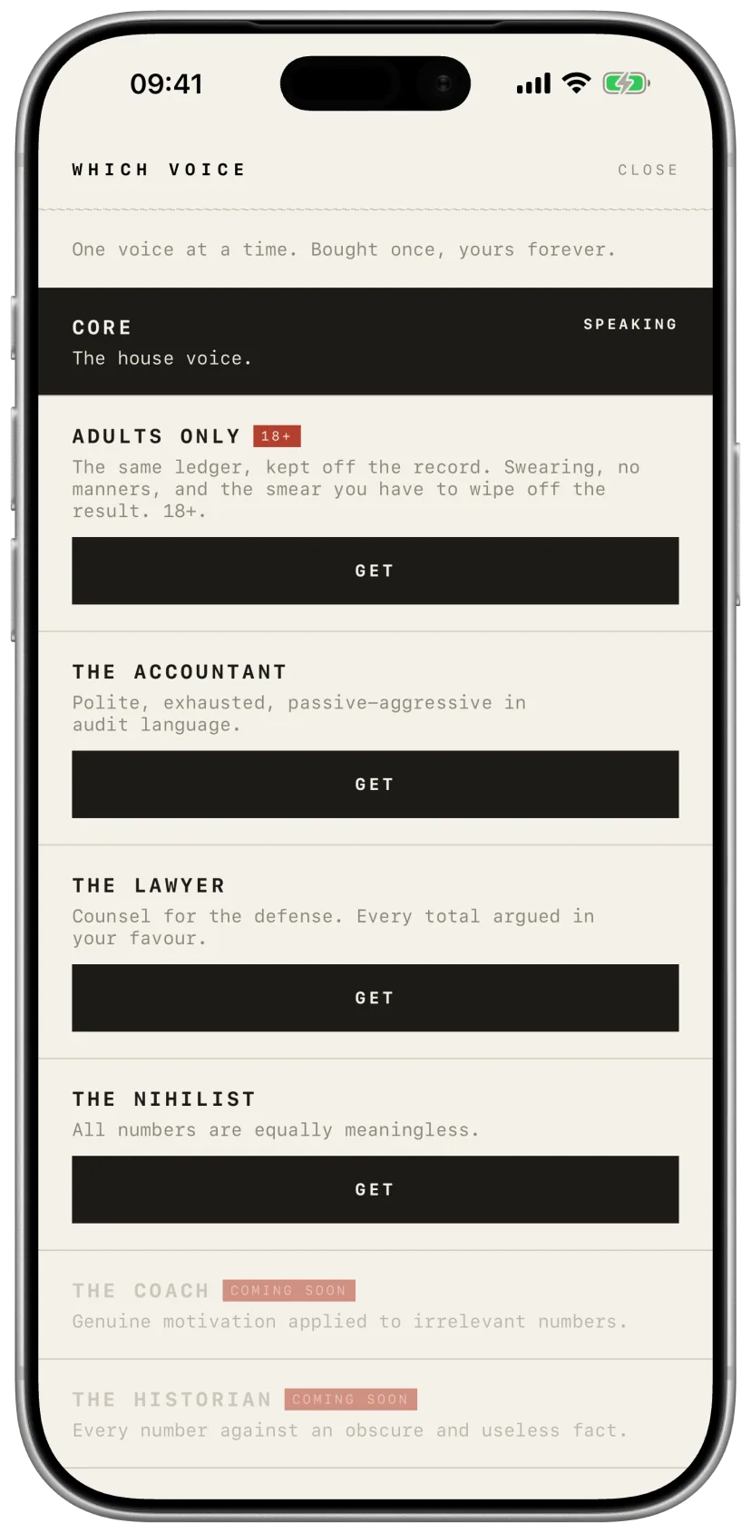 The voice picker: Core is speaking, with Adults Only, The Accountant, The Lawyer and The Nihilist available, and The Coach and The Historian marked coming soon
