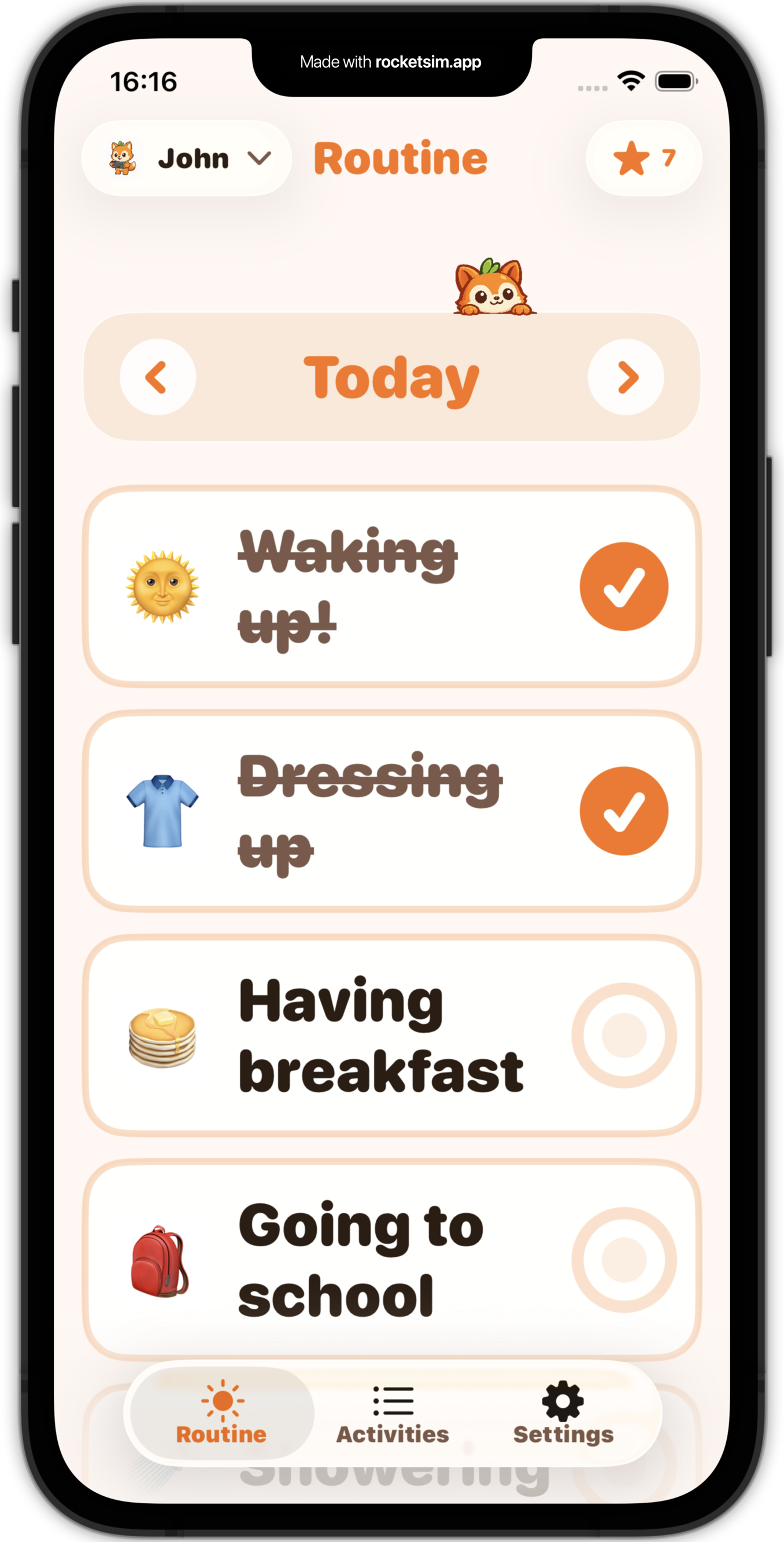 Vimo app on iPhone showing daily routine